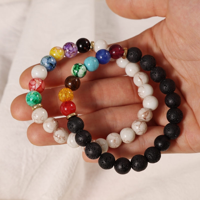 Basic Ethnic Style Modern Style Round Crown Arylic Volcanic Rock Glass Beaded Unisex Bracelets display picture 2