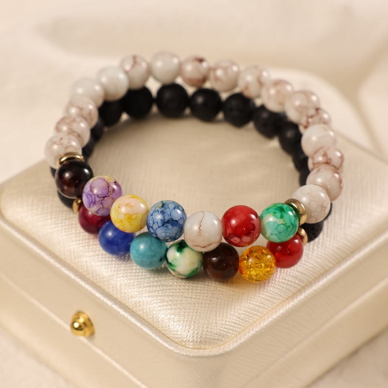 Basic Ethnic Style Modern Style Round Crown Arylic Volcanic Rock Glass Beaded Unisex Bracelets display picture 1