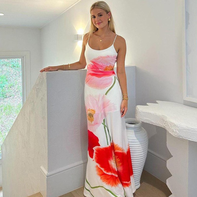 Women's Strap Dress Streetwear Strap Printing Backless Sleeveless Flower Maxi Long Dress Daily Party Bar display picture 7