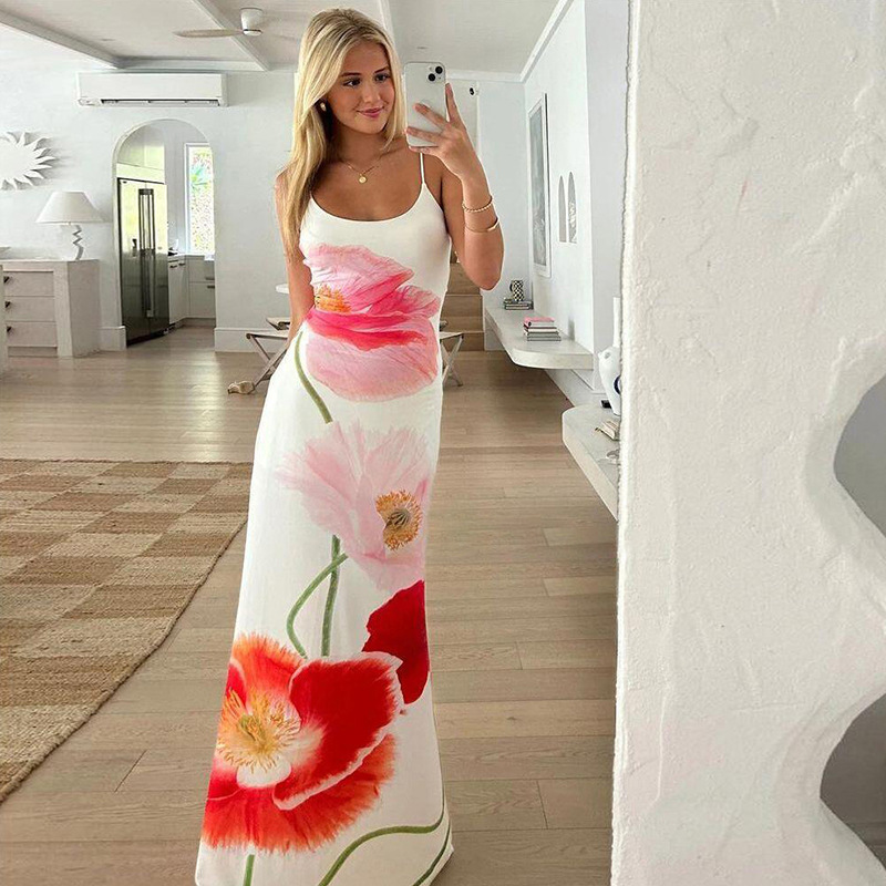 Women's Strap Dress Streetwear Strap Printing Backless Sleeveless Flower Maxi Long Dress Daily Party Bar display picture 9