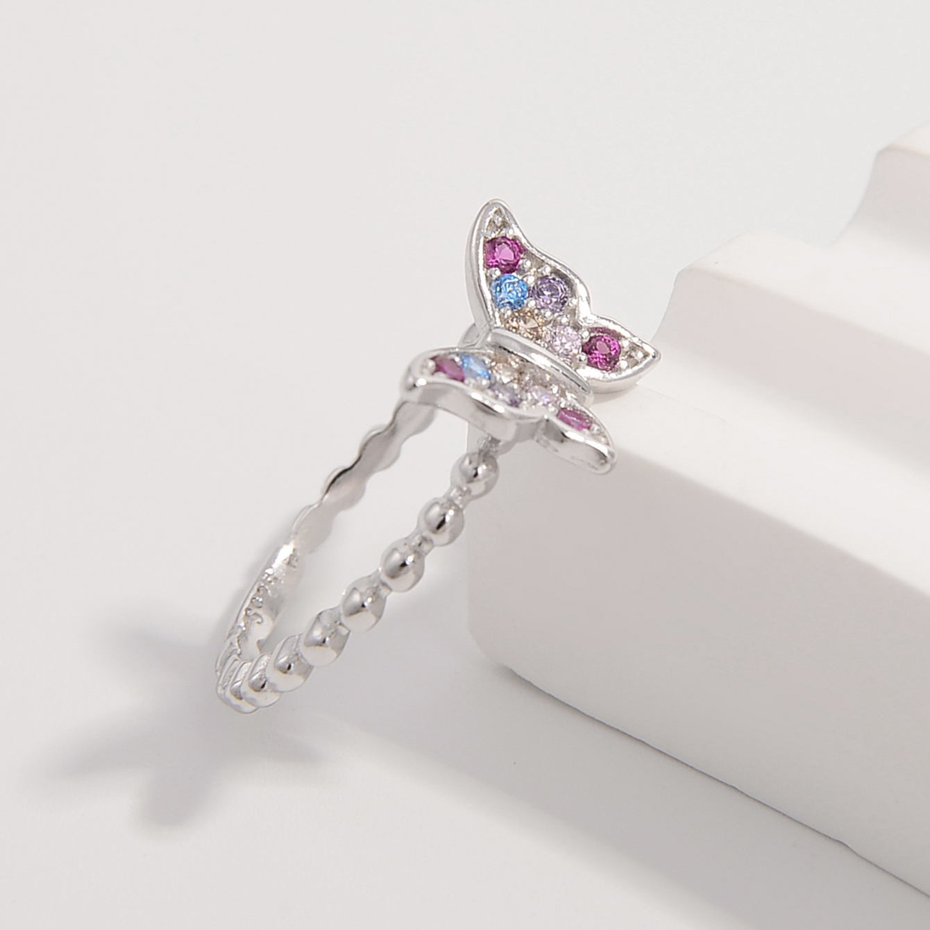 Sterling Silver White Gold Plated Princess Sweet Inlay Beetles Dragonfly Butterfly Zircon Rings display picture 1