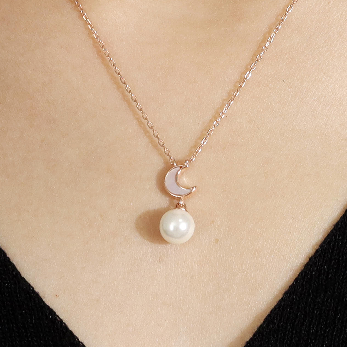 Sterling Silver Rose Gold Plated Elegant Simple Style Inlay Moon Pearl Pendant Necklace display picture 4