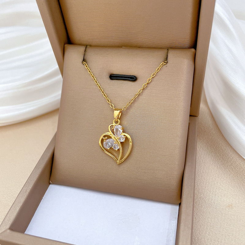 Wholesale Elegant Simple Style Heart Shape Butterfly Titanium Steel Copper Inlay Zircon Pendant Necklace display picture 2