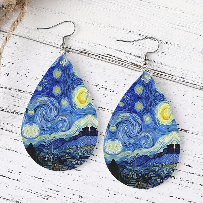 1 Pair Simple Style Starry Sky Life Tree Water Drop PU Leather Drop Earrings display picture 3