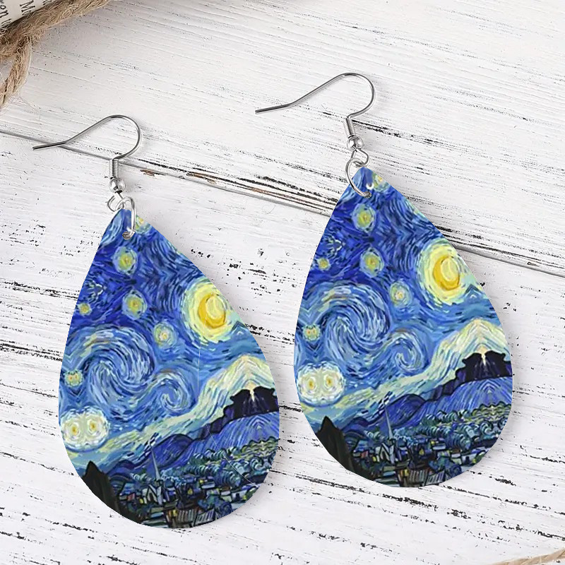 1 Pair Simple Style Starry Sky Life Tree Water Drop PU Leather Drop Earrings display picture 2