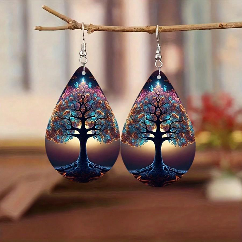 1 Pair Simple Style Starry Sky Life Tree Water Drop PU Leather Drop Earrings display picture 4