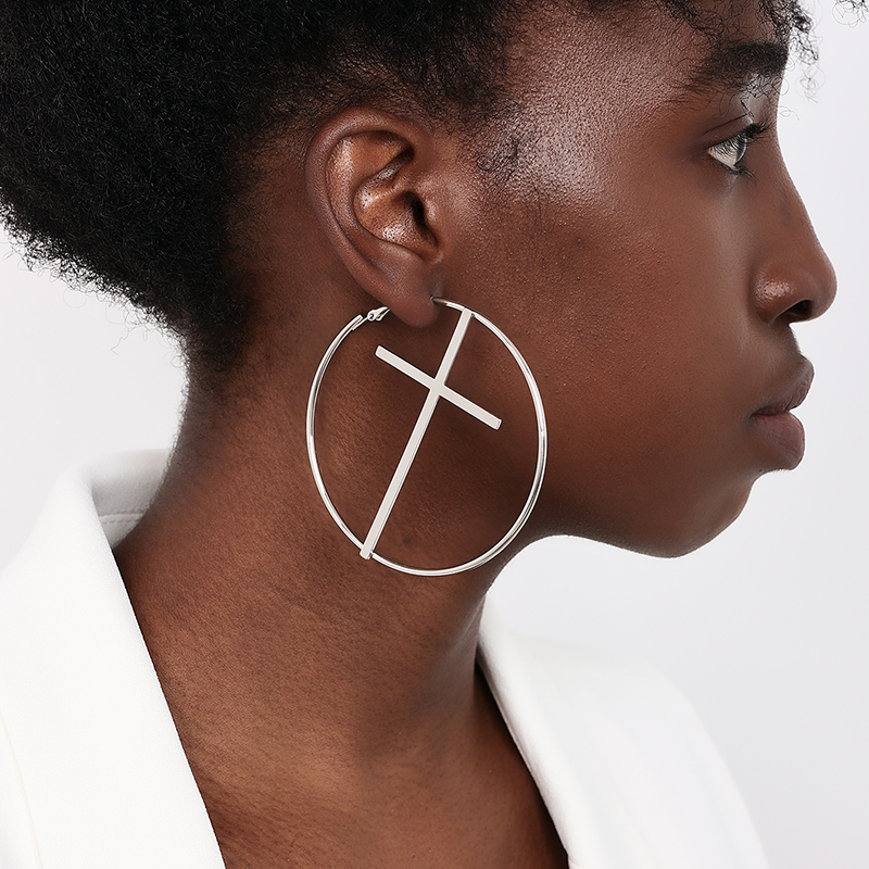 1 Pair IG Style Exaggerated Modern Style Cross Round Alloy Hoop Earrings display picture 6