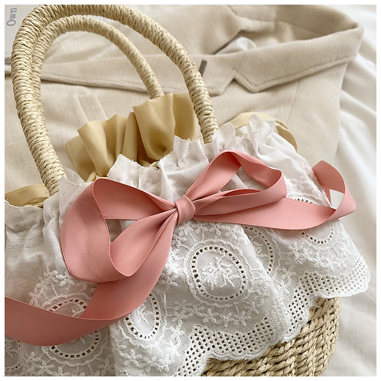 Women's Medium Straw Solid Color Bow Knot Vacation Beach Weave Lace String Straw Bag display picture 6