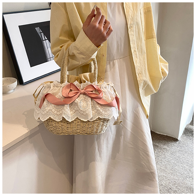 Women's Medium Straw Solid Color Bow Knot Vacation Beach Weave Lace String Straw Bag display picture 10