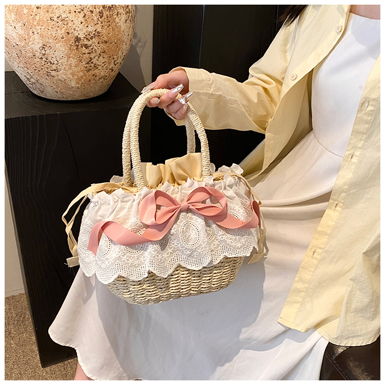 Women's Medium Straw Solid Color Bow Knot Vacation Beach Weave Lace String Straw Bag display picture 11