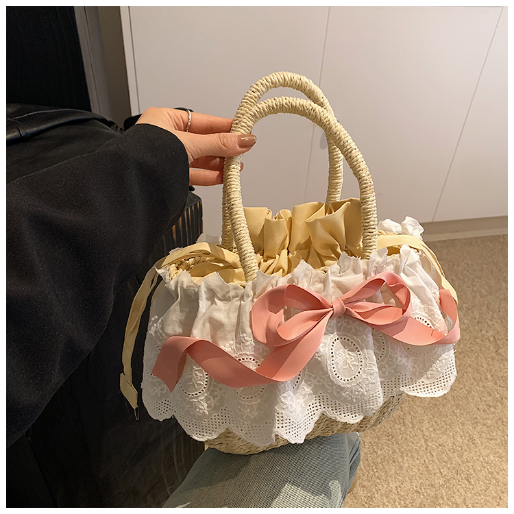 Women's Medium Straw Solid Color Bow Knot Vacation Beach Weave Lace String Straw Bag display picture 19
