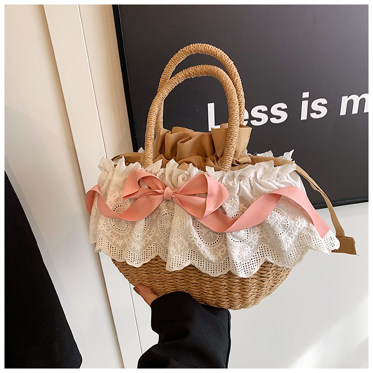 Women's Medium Straw Solid Color Bow Knot Vacation Beach Weave Lace String Straw Bag display picture 21