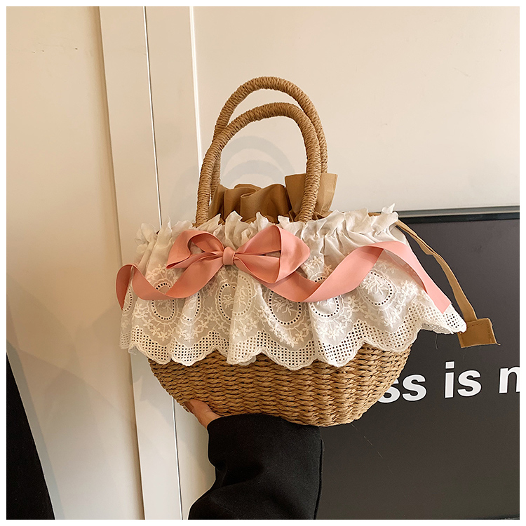 Women's Medium Straw Solid Color Bow Knot Vacation Beach Weave Lace String Straw Bag display picture 17