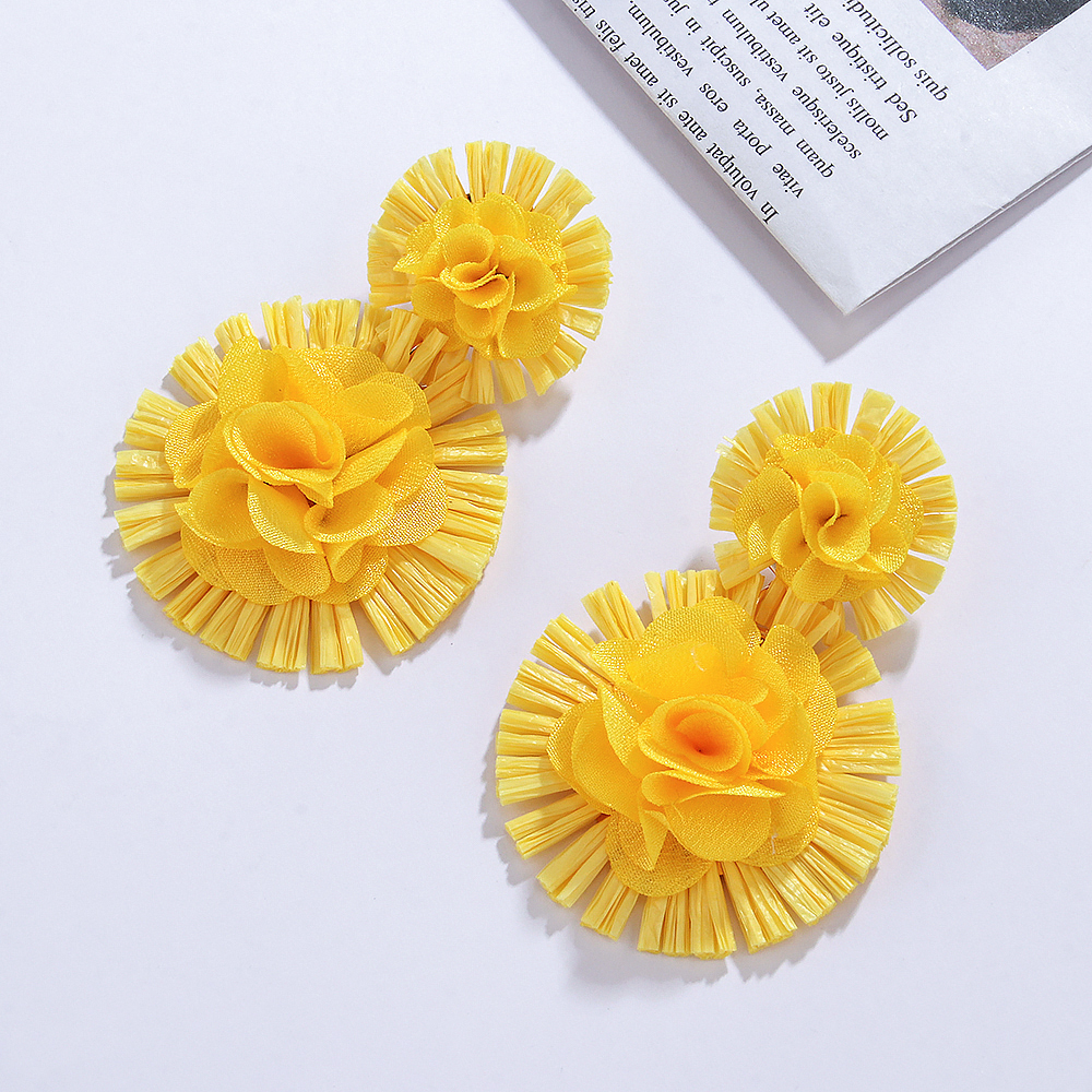 1 Pair Retro Exaggerated Flower Braid Cloth Raffia Drop Earrings display picture 8