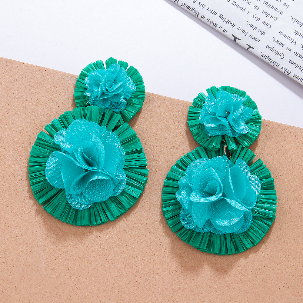1 Pair Retro Exaggerated Flower Braid Cloth Raffia Drop Earrings display picture 6