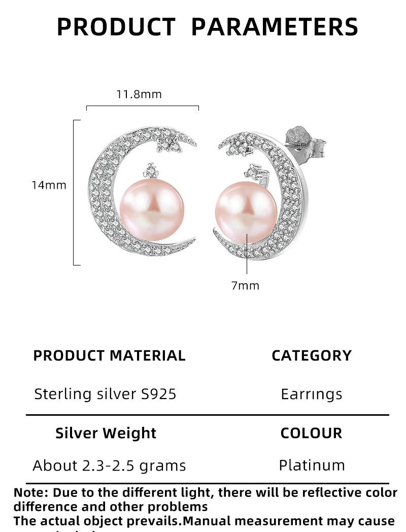 1 Pair Elegant Cute Moon Inlay Sterling Silver Pearl Zircon White Gold Plated Ear Studs display picture 2