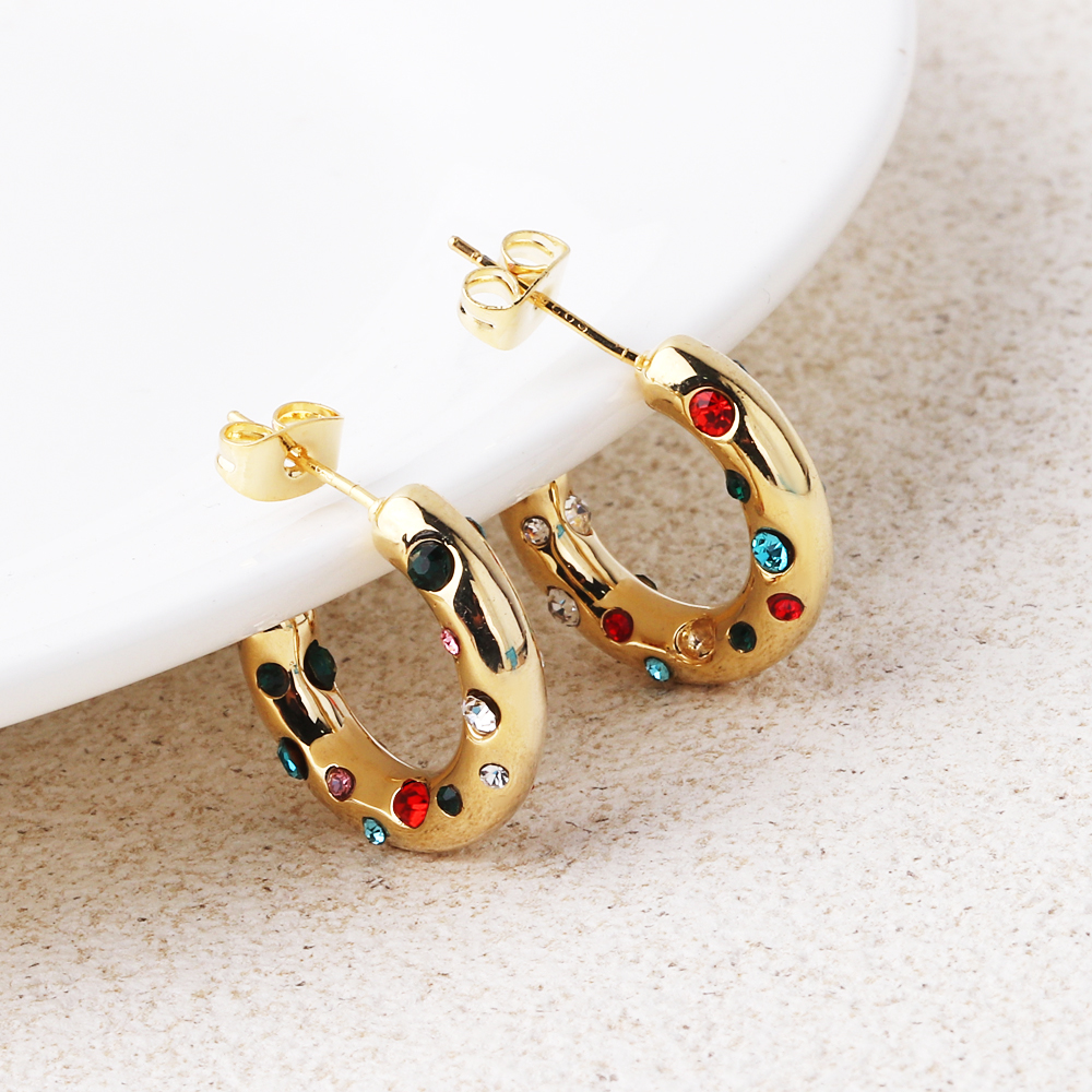1 Pair IG Style Cute Luxurious Gem Colorful Inlay Artificial Gemstones Artificial Crystal Copper Zircon 18K Gold Plated White Gold Plated Hoop Earrings display picture 2