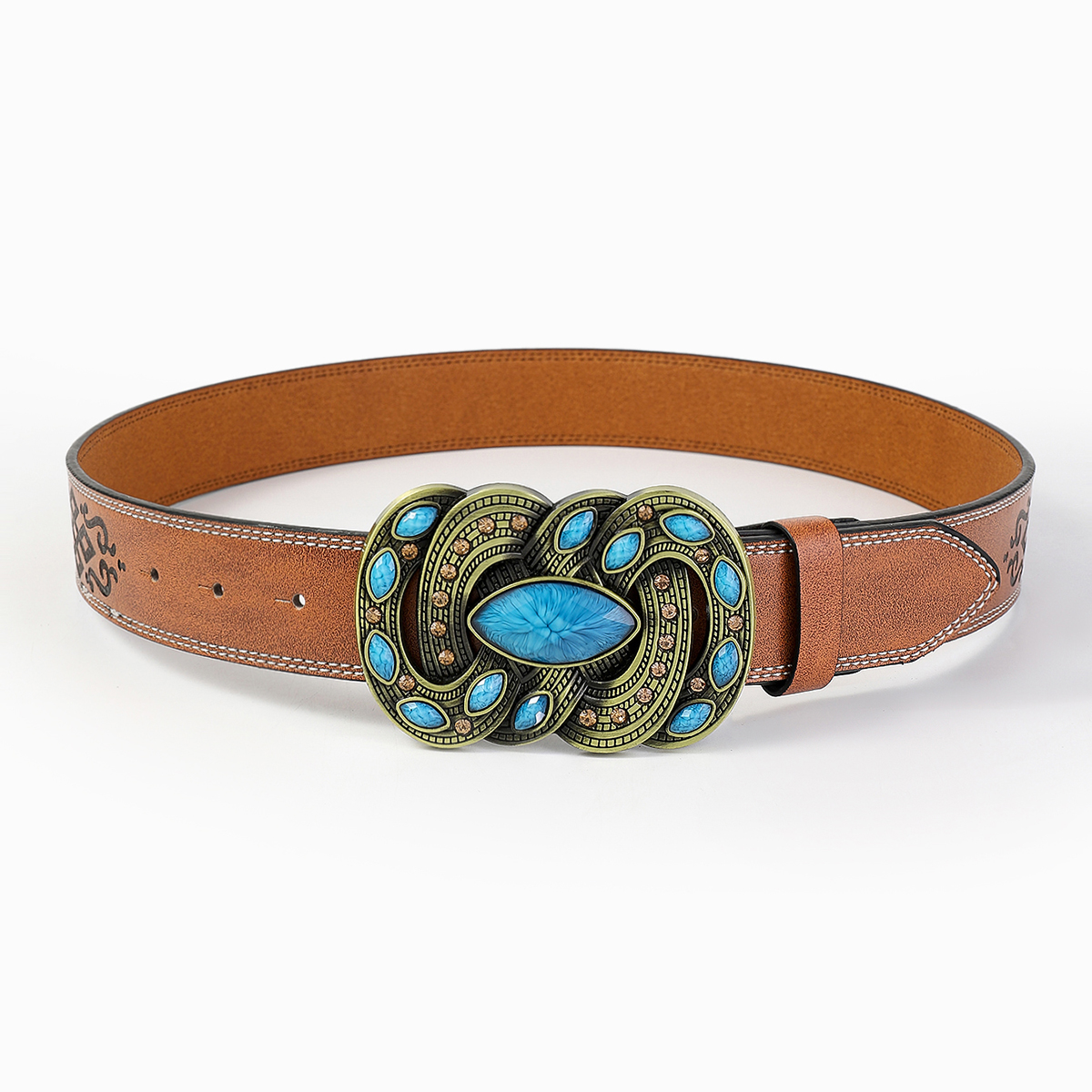 Retro Bohemian Solid Color Pu Leather Inlay Turquoise Unisex Leather Belts display picture 2