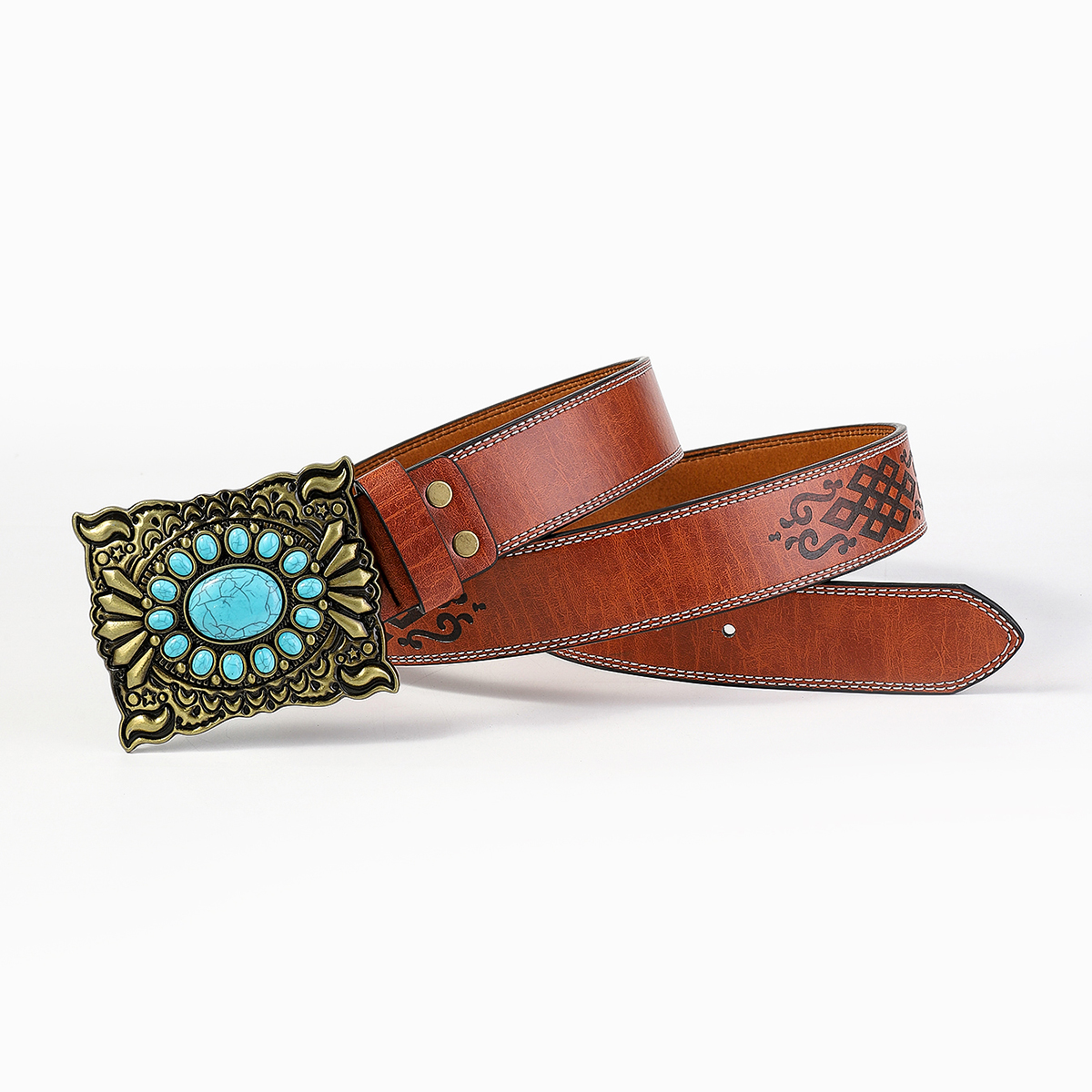 Retro Bohemian Solid Color Pu Leather Inlay Turquoise Unisex Leather Belts display picture 5