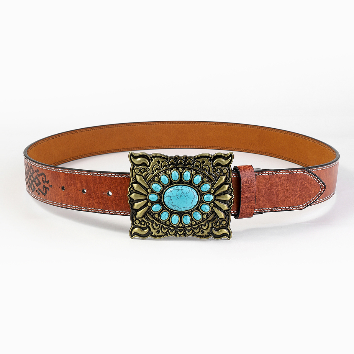 Retro Bohemian Solid Color Pu Leather Inlay Turquoise Unisex Leather Belts display picture 1