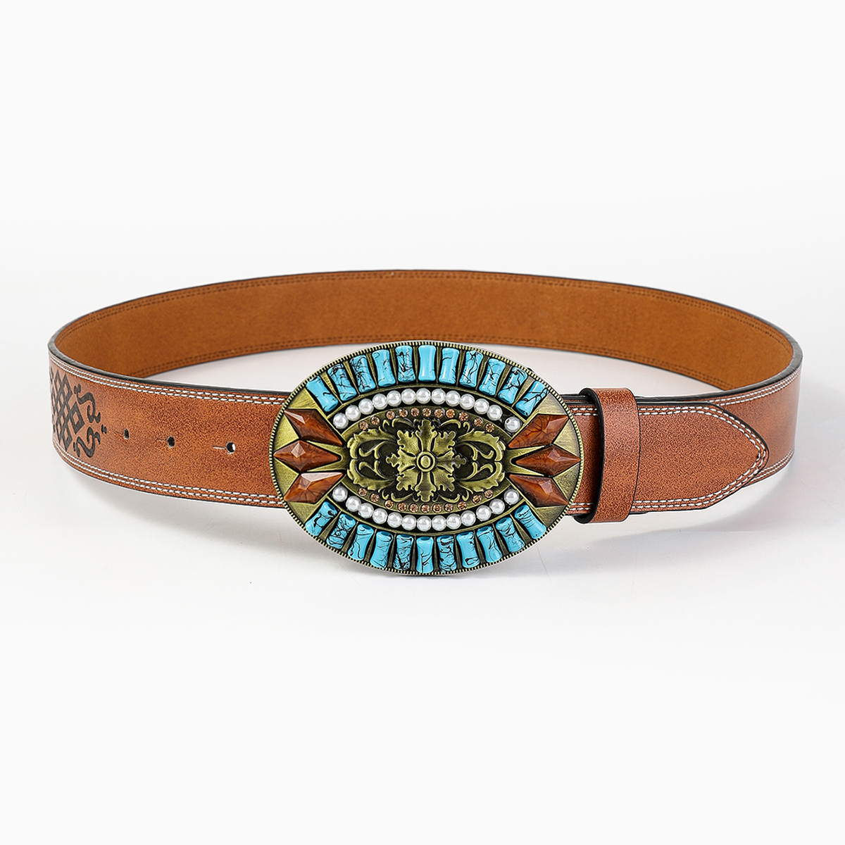 Retro Bohemian Solid Color Pu Leather Inlay Turquoise Unisex Leather Belts display picture 4