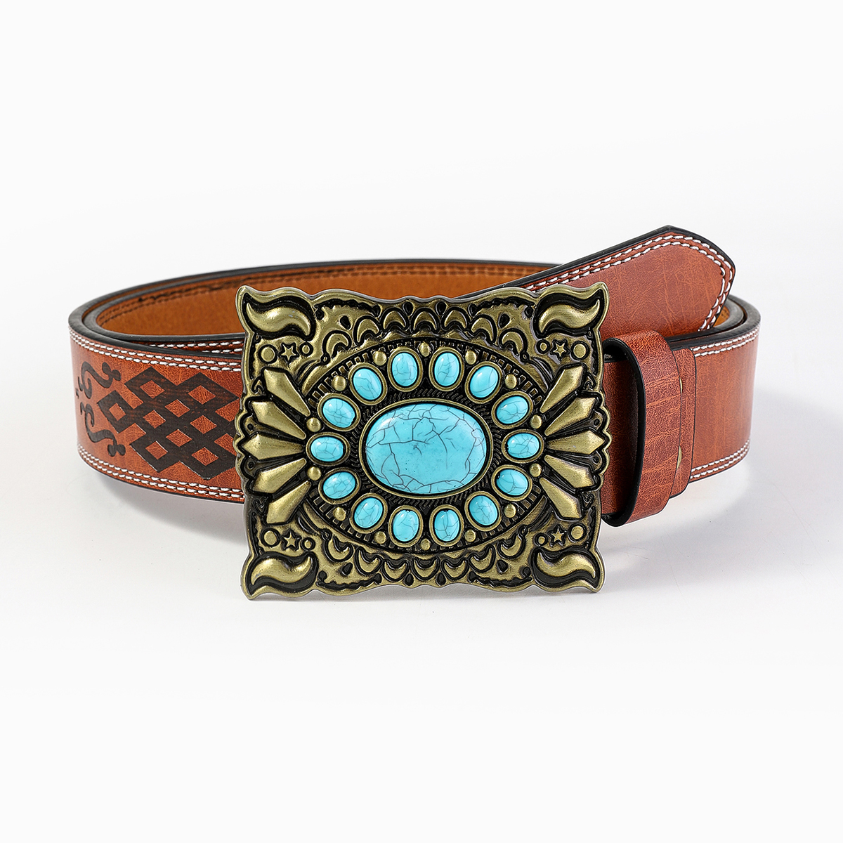 Retro Bohemian Solid Color Pu Leather Inlay Turquoise Unisex Leather Belts display picture 8