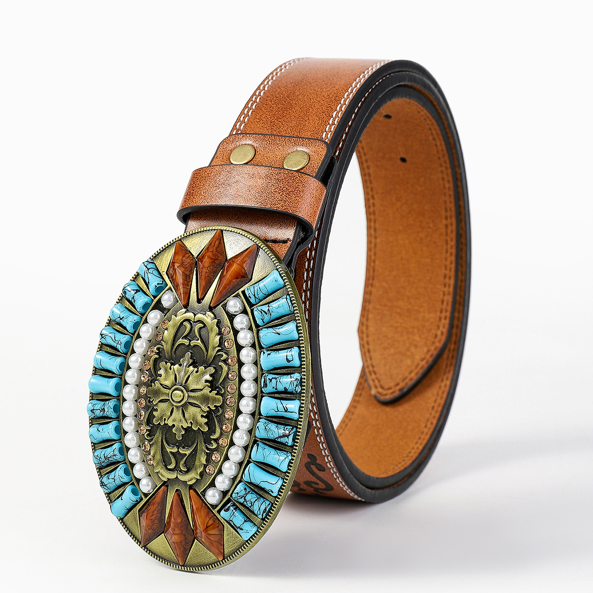 Retro Bohemian Solid Color Pu Leather Inlay Turquoise Unisex Leather Belts display picture 9