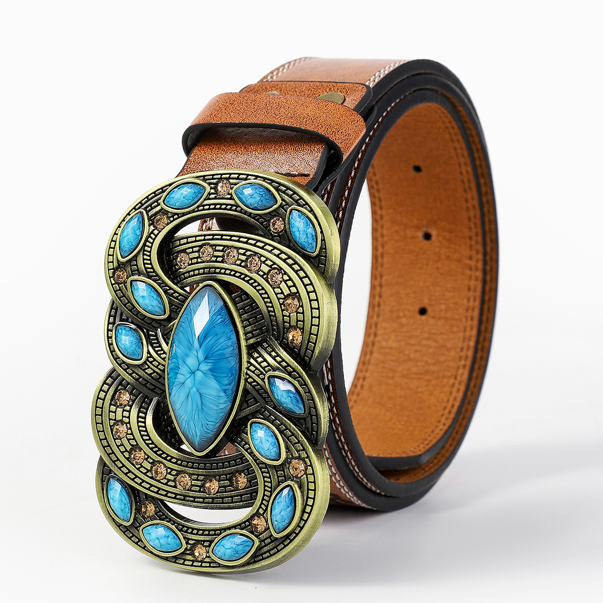 Retro Bohemian Solid Color Pu Leather Inlay Turquoise Unisex Leather Belts display picture 10