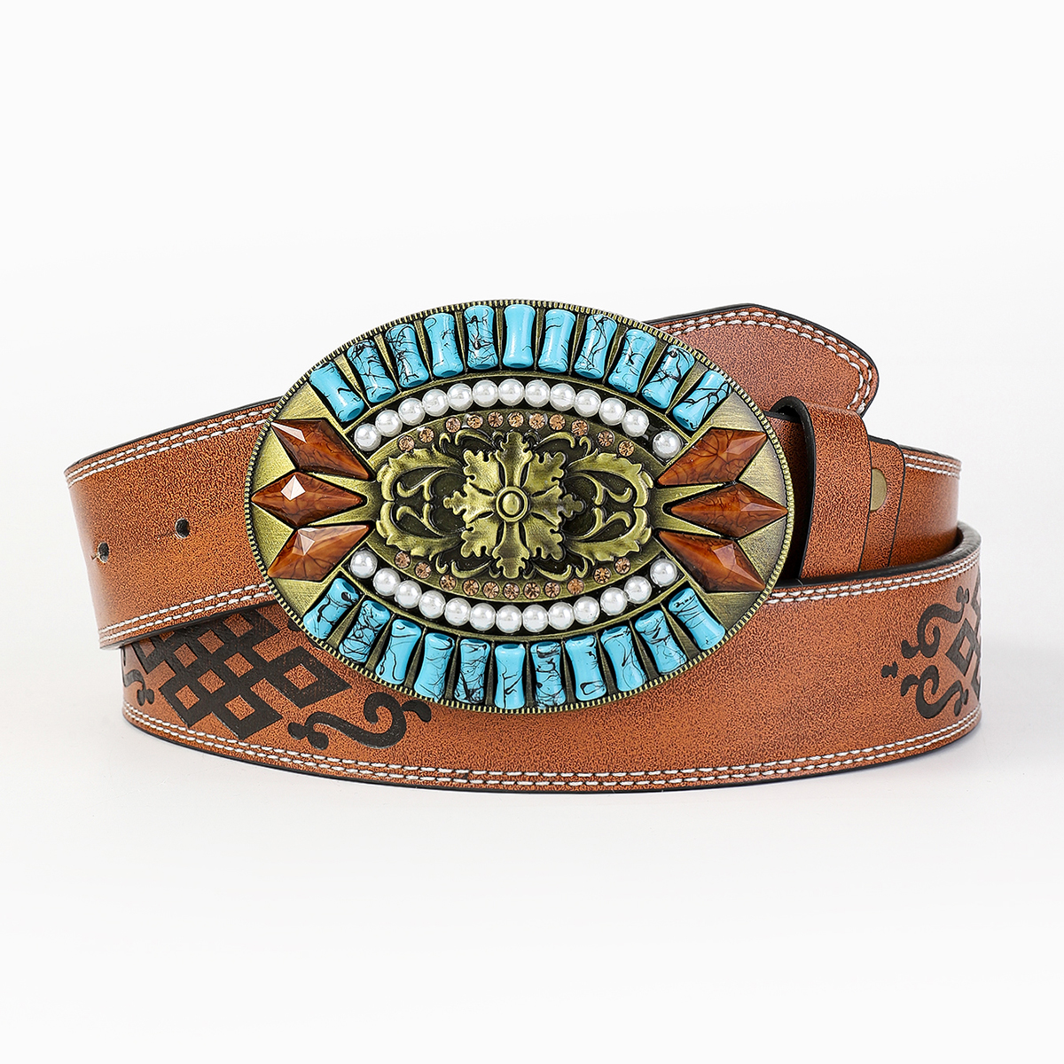 Retro Bohemian Solid Color Pu Leather Inlay Turquoise Unisex Leather Belts display picture 11