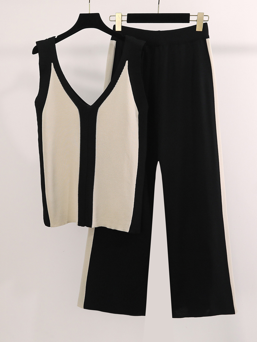 Täglich Frau Vintage-Stil Farbblock Polyester Hosen-Sets display picture 2