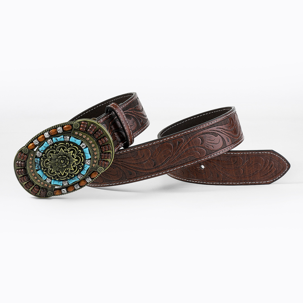 Casual Retro Solid Color Pu Leather Wooden Beads Turquoise Unisex Leather Belts display picture 4