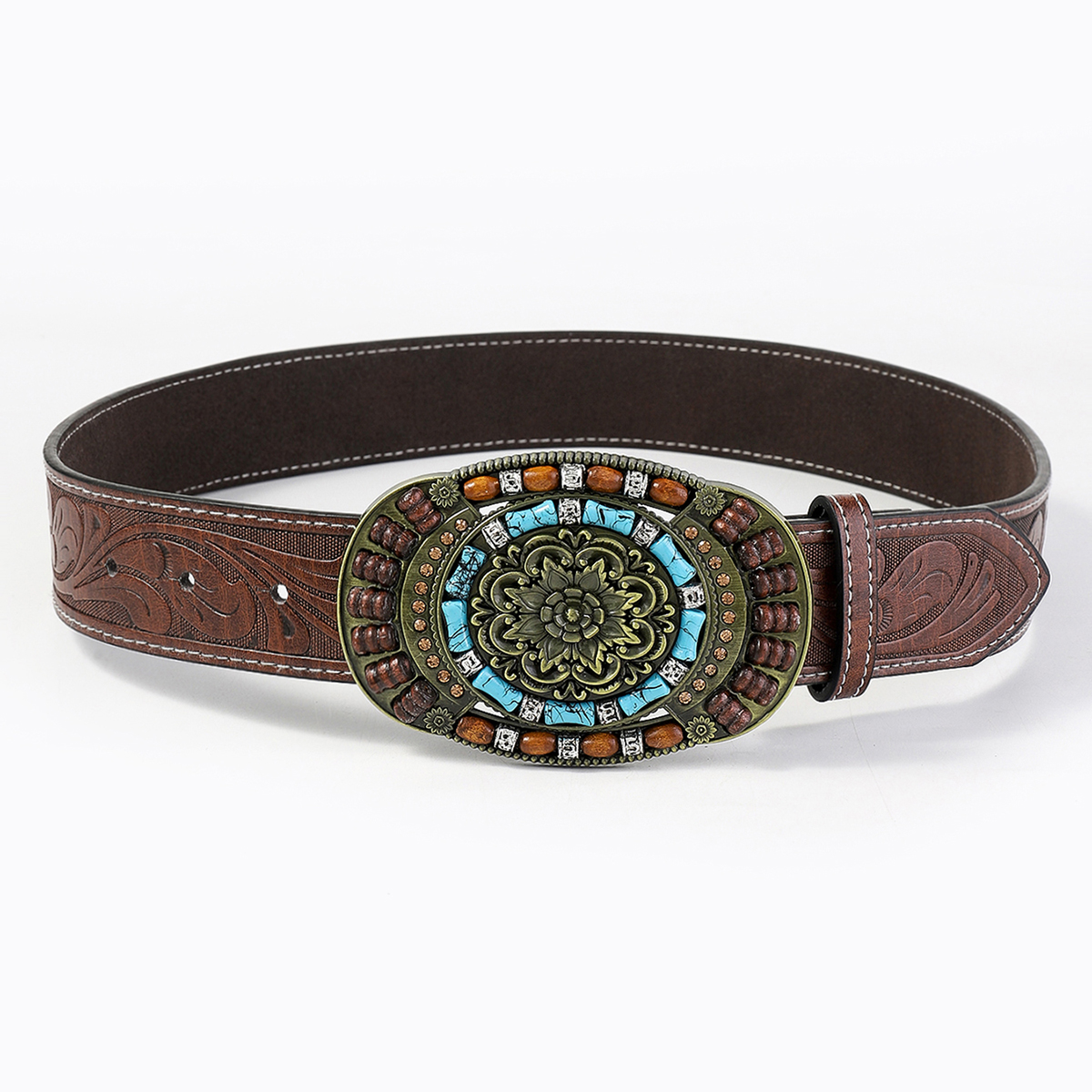 Casual Retro Solid Color Pu Leather Wooden Beads Turquoise Unisex Leather Belts display picture 6