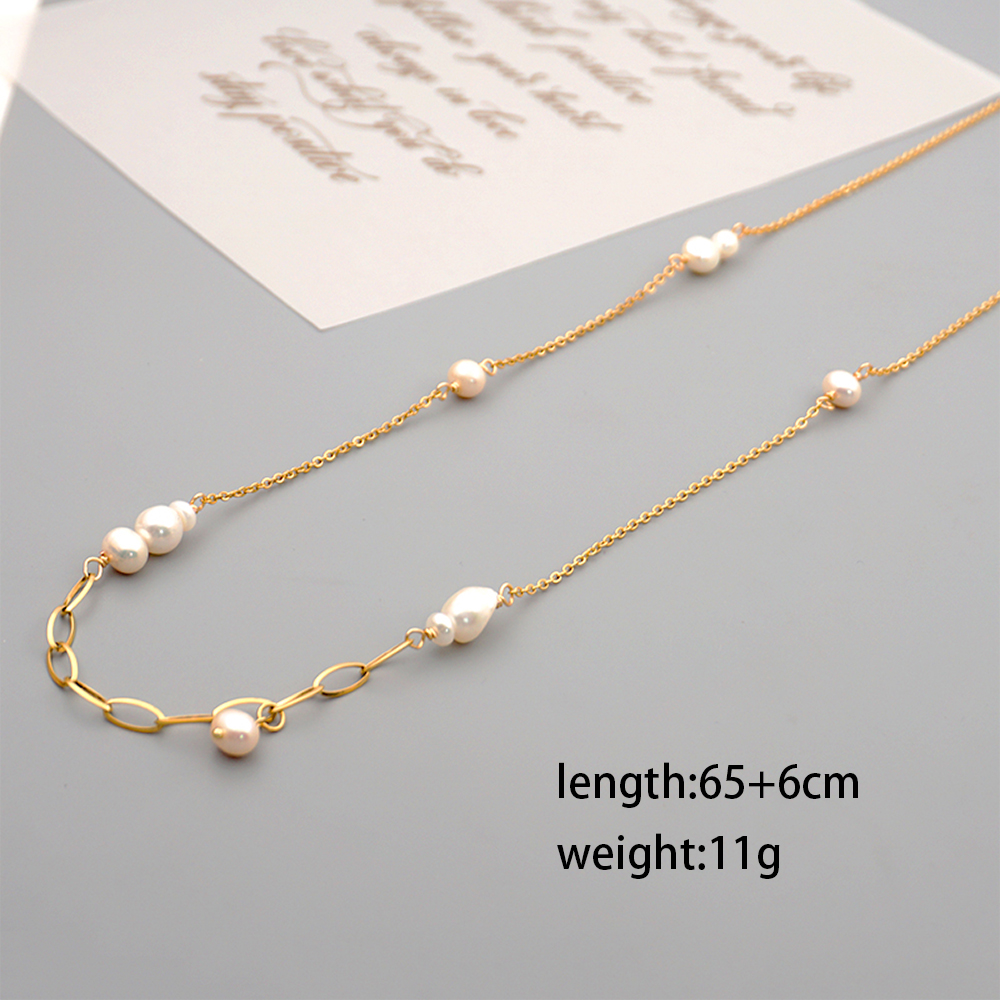304 Stainless Steel Freshwater Pearl Titanium Steel Gold Plated Casual Vintage Style Simple Style Handmade Geometric Sweater Chain display picture 4