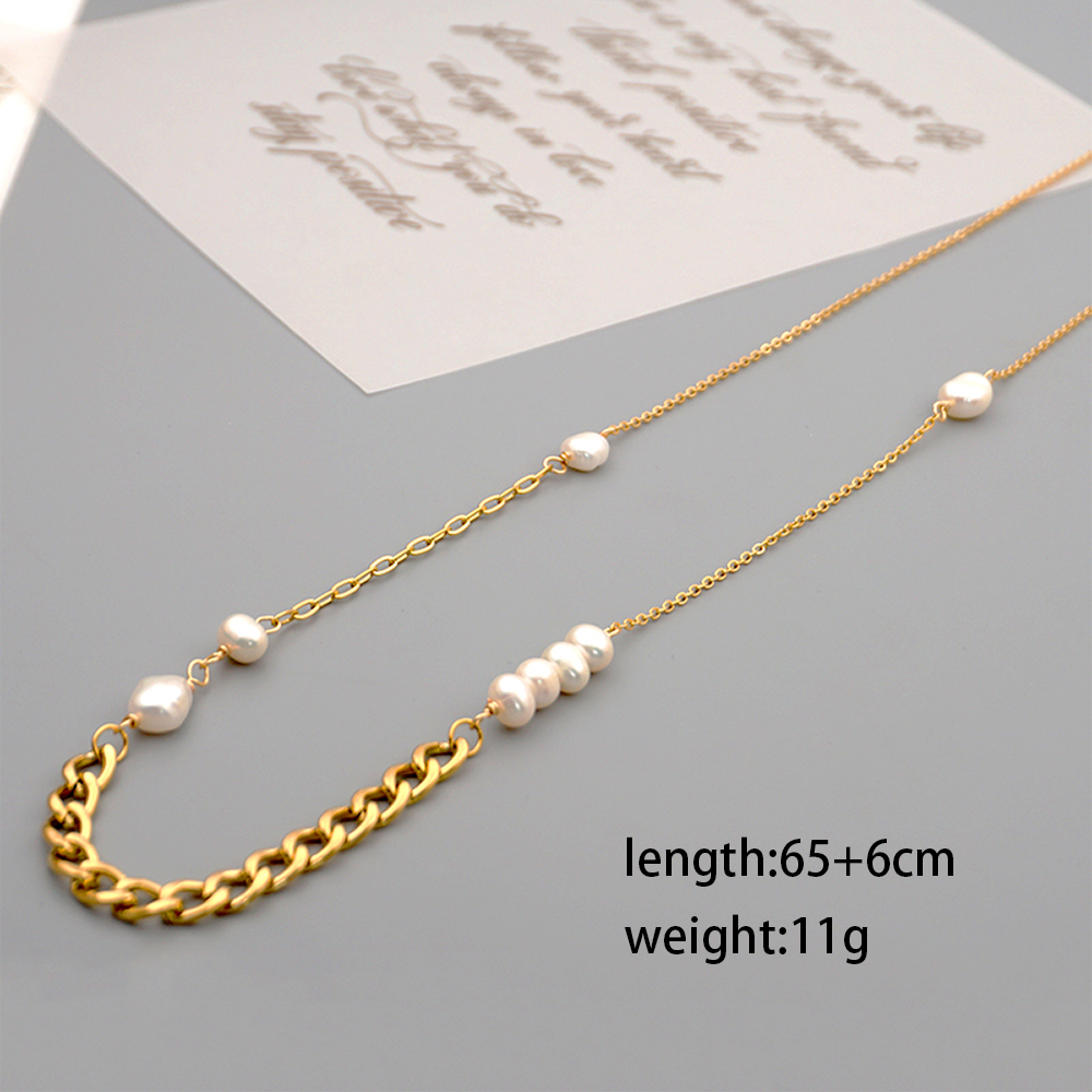 304 Stainless Steel Freshwater Pearl Titanium Steel Gold Plated Casual Vintage Style Simple Style Handmade Geometric Sweater Chain display picture 5