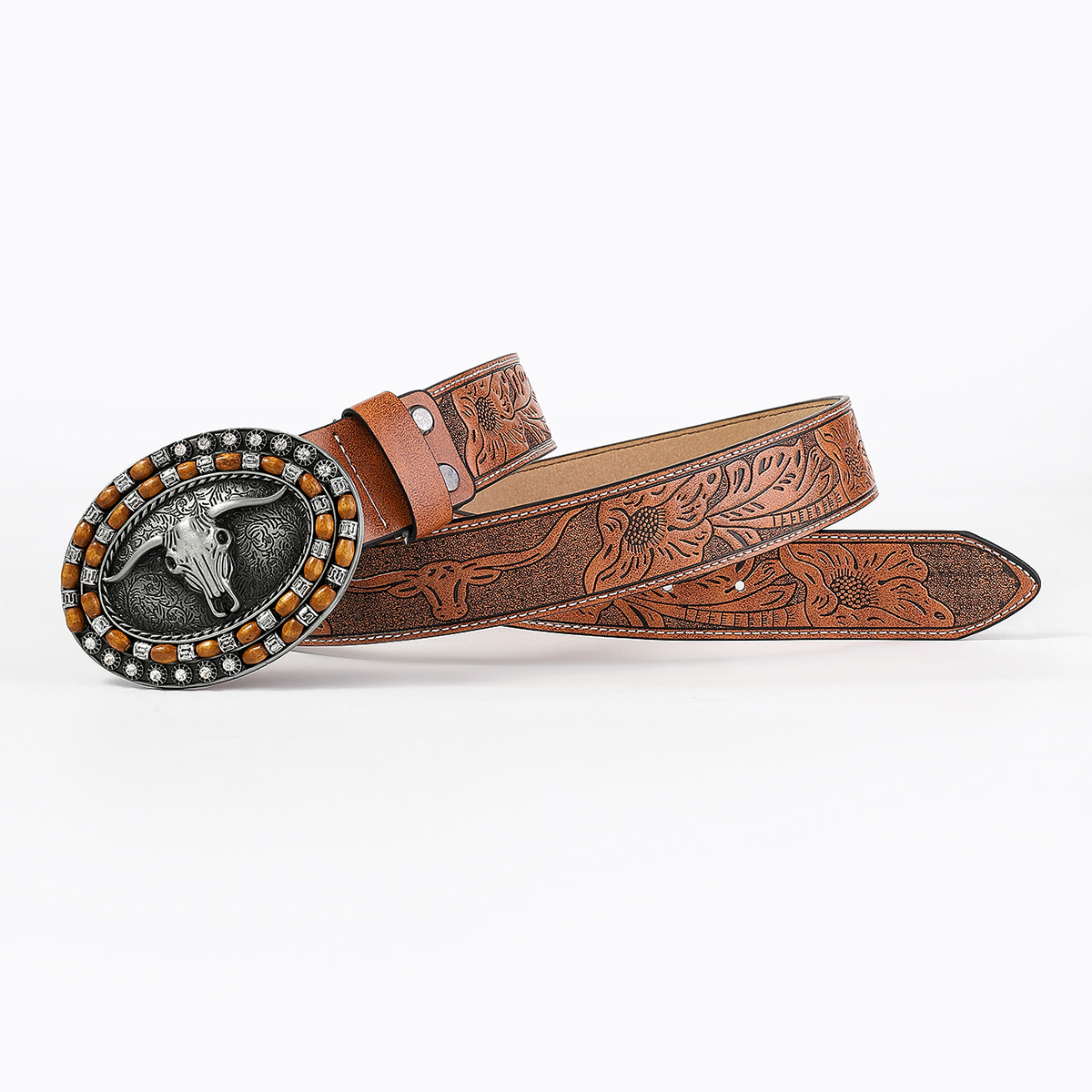 Casual Vintage Style Cattle Pu Leather Metal Button Wooden Beads Unisex Leather Belts display picture 8