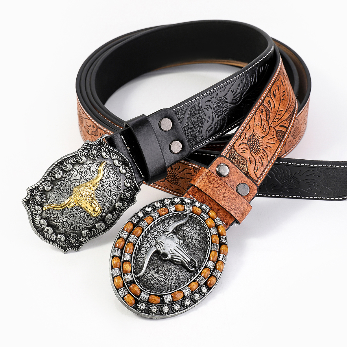 Casual Vintage Style Cattle Pu Leather Metal Button Wooden Beads Unisex Leather Belts display picture 11