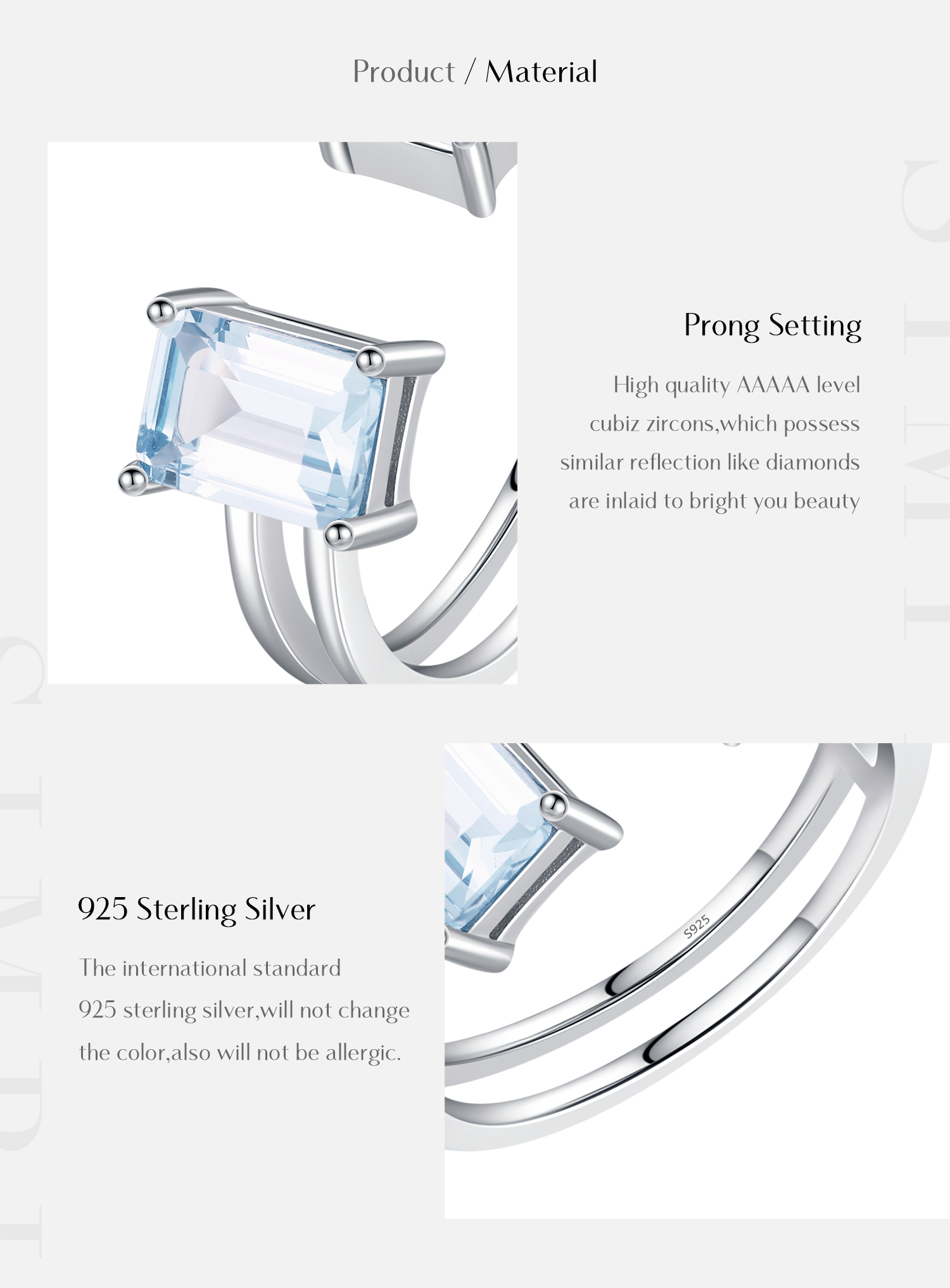 Sterling Silver Rhodium Plated Elegant Simple Style Commute Inlay Rectangle Zircon Open Rings display picture 3