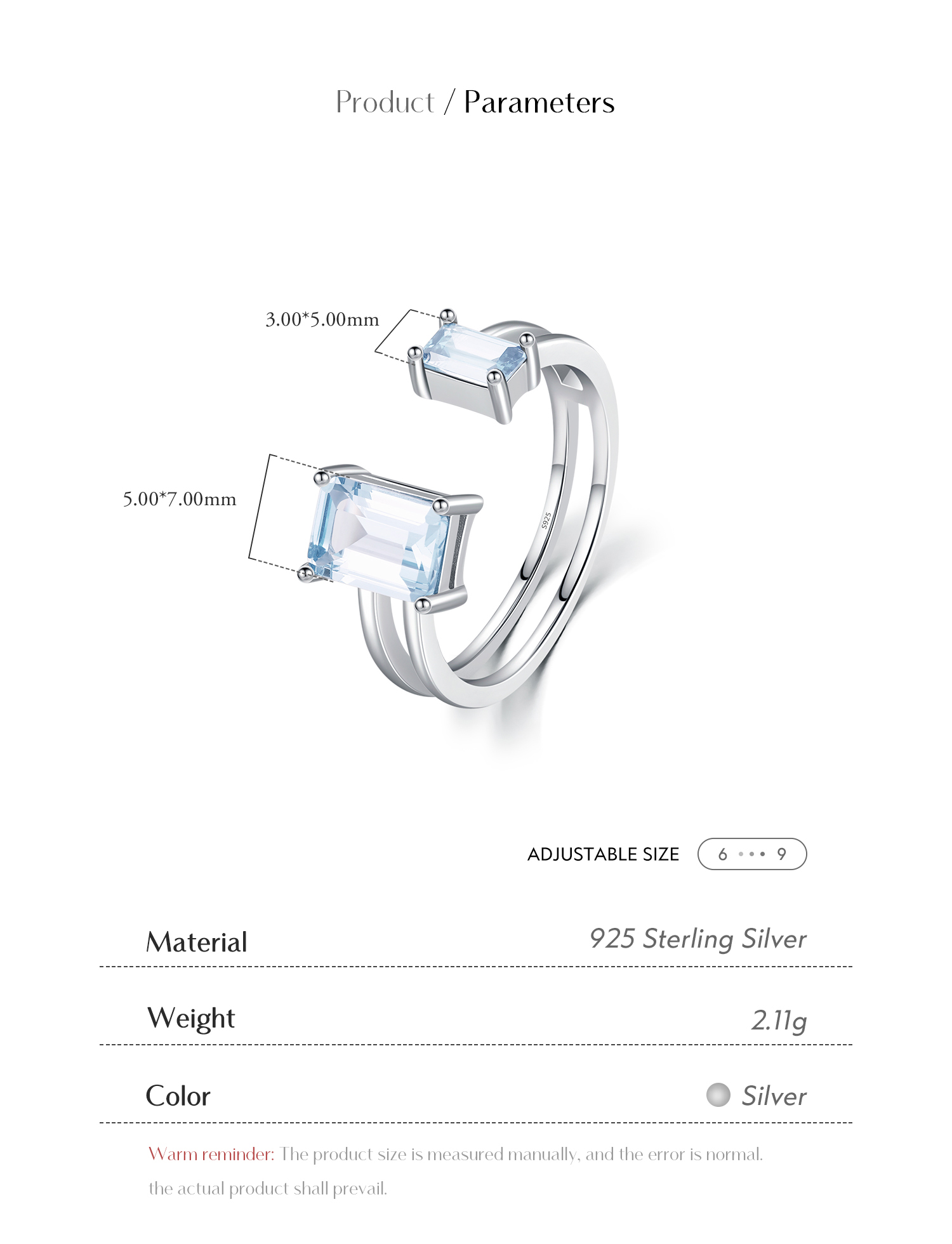 Sterling Silber Überzogen Mit Rhodium Elegant Einfacher Stil Pendeln Inlay Rechteck Zirkon Offener Ring display picture 4