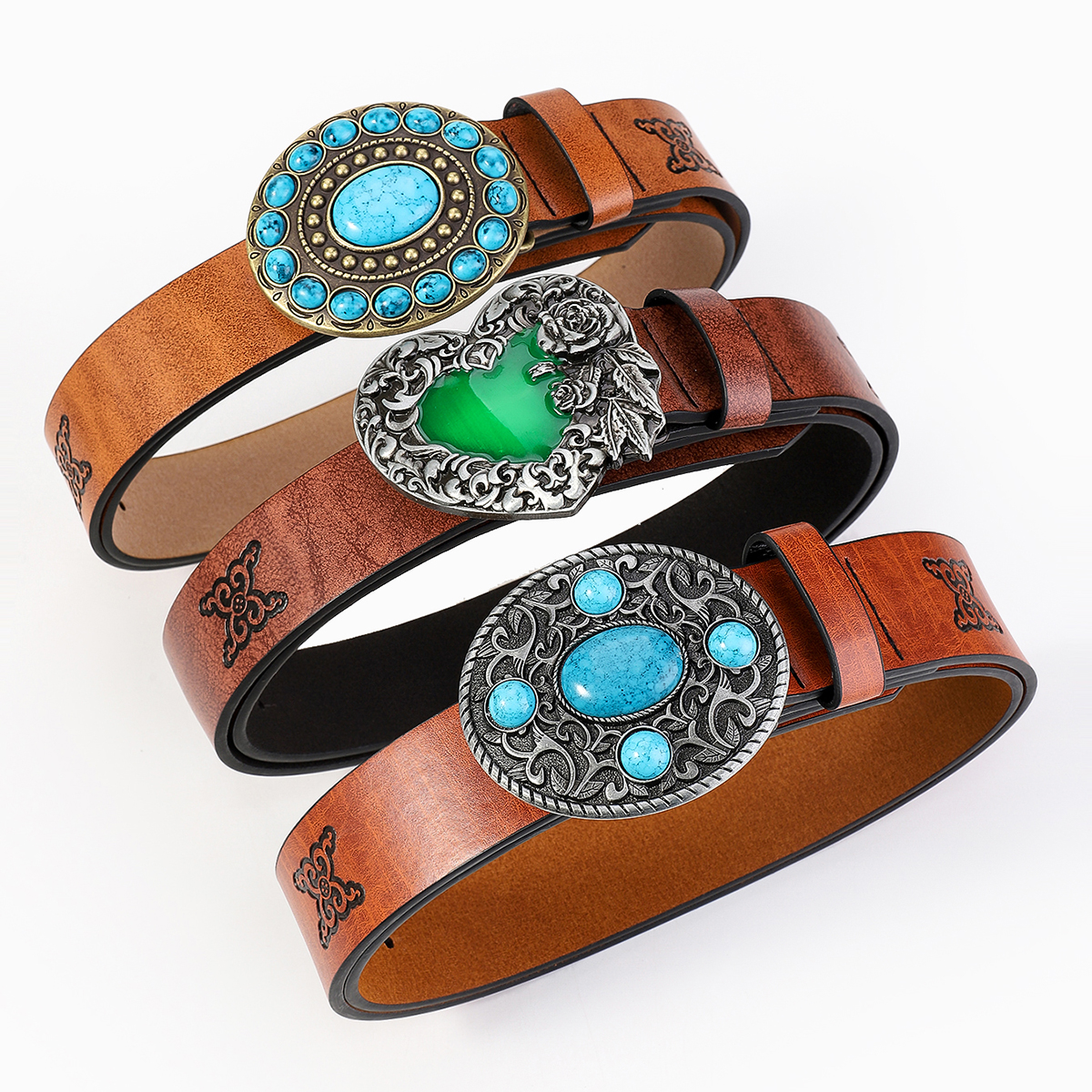 Casual Retro Simple Style Color Block Pu Leather Inlaid Turquoise Turquoise Unisex Leather Belts display picture 14