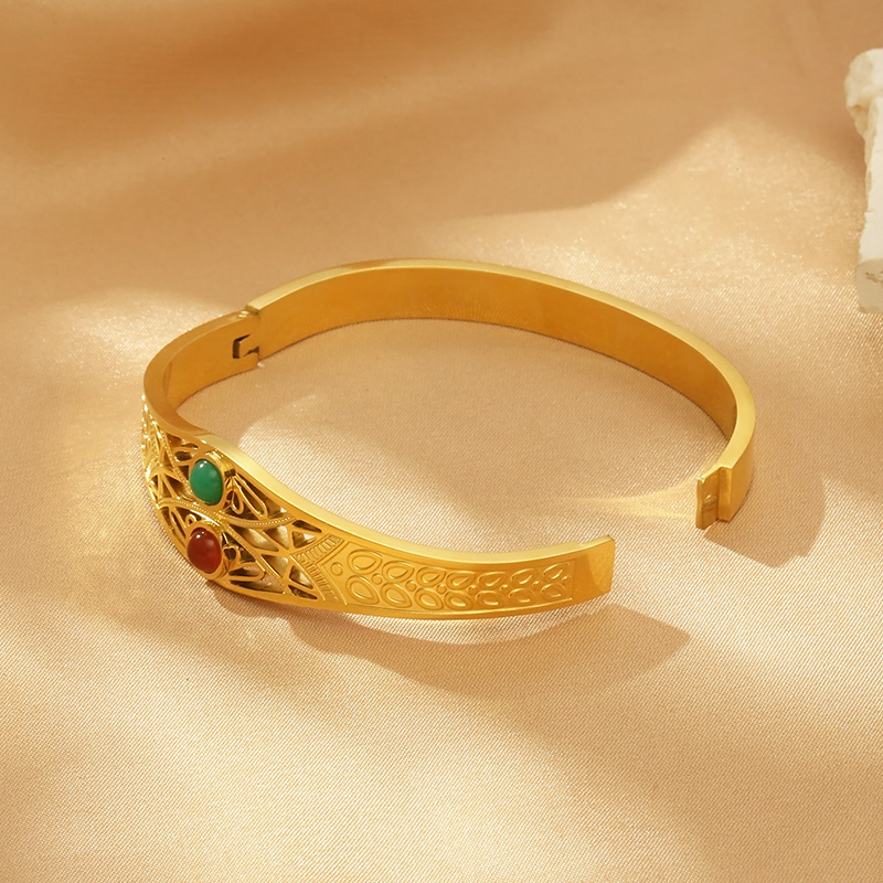 Vintage Style Solid Color 304 Stainless Steel 18K Gold Plated Opal Bangle In Bulk display picture 11