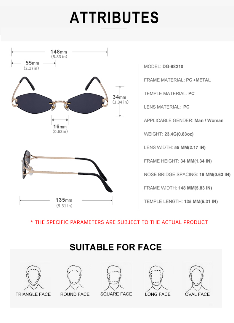 Süss Einfacher Stil Künstlerisch Farbblock Pc Polygon Rahmenlos Männer Sonnenbrille display picture 9