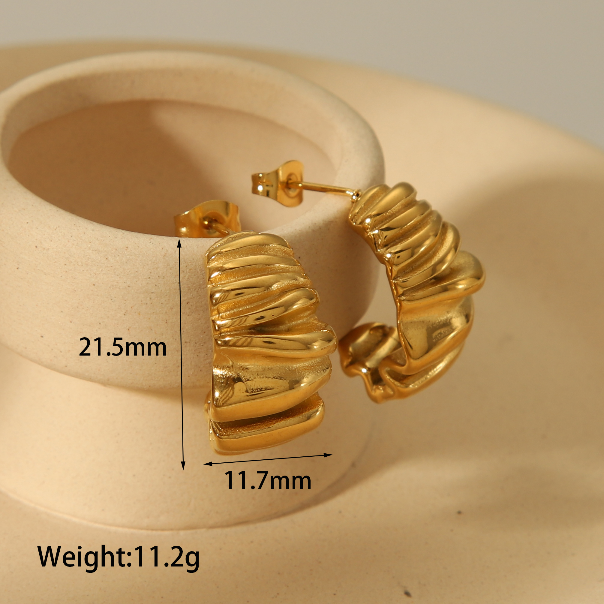 1 Piece IG Style Basic C Shape Pleated 304 Stainless Steel 18K Gold Plated Ear Studs display picture 1