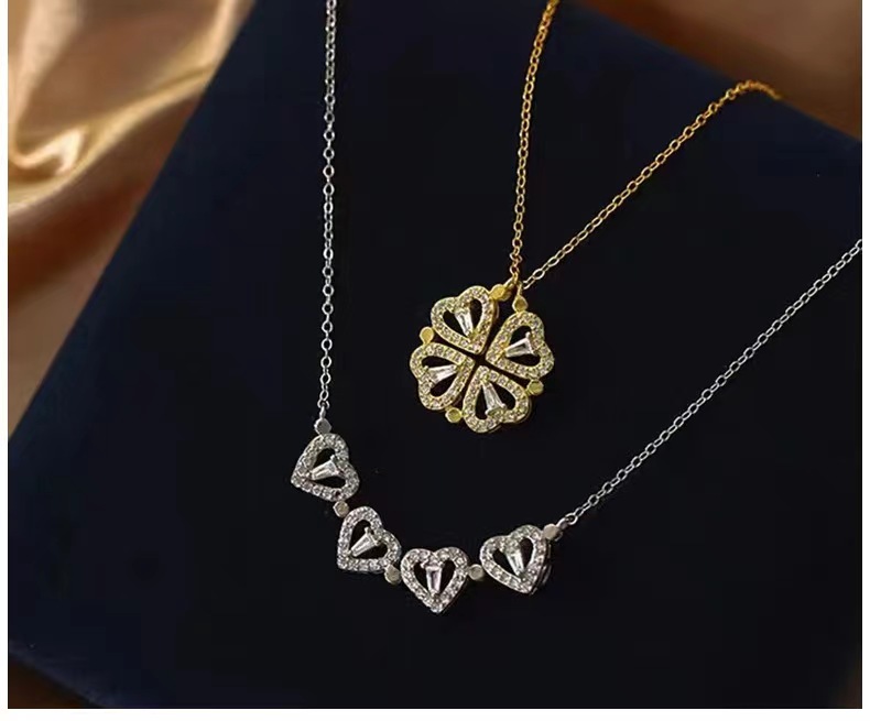 304 Stainless Steel 18K Gold Plated Elegant Queen Bridal Plating Inlay Four Leaf Clover Heart Shape Zircon Pendant Necklace display picture 5