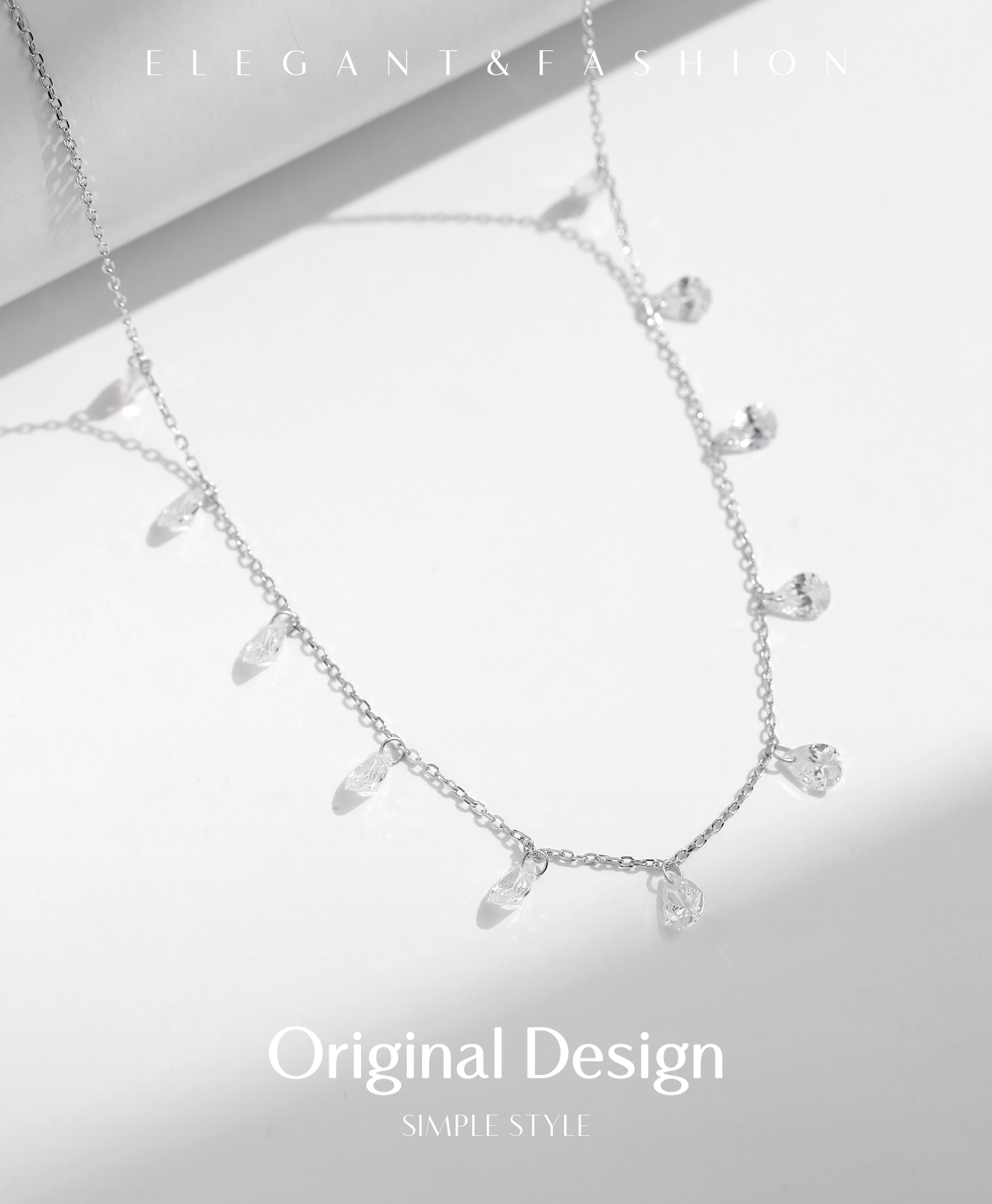 Sterling Silver Rhodium Plated Elegant Wedding Simple Style Zircon Water Droplets Necklace display picture 1