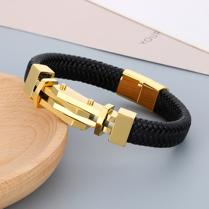 Business Color Block 304 Stainless Steel Leather Knitting 18K Gold Plated Men's Bangle display picture 7