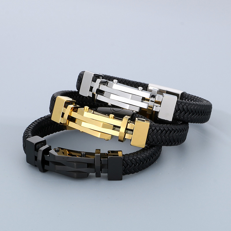 Entreprise Bloc De Couleur Acier Inoxydable 304 Cuir Tricot Plaqué Or 18K Hommes Bracelet display picture 6