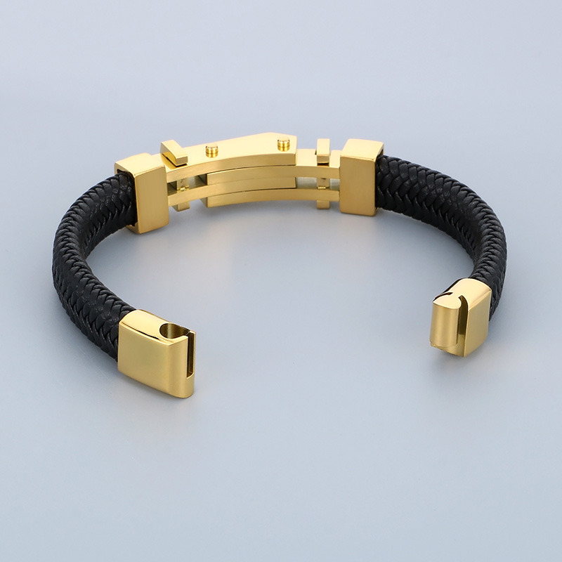 Entreprise Bloc De Couleur Acier Inoxydable 304 Cuir Tricot Plaqué Or 18K Hommes Bracelet display picture 10