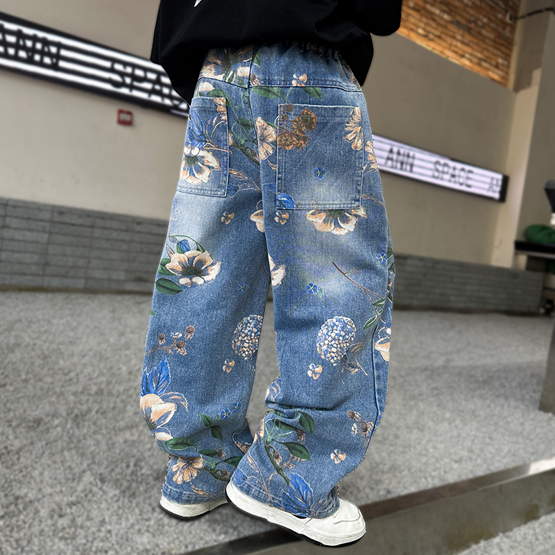 Streetwear Flower Elastic Waist Denim Boys Pants display picture 1