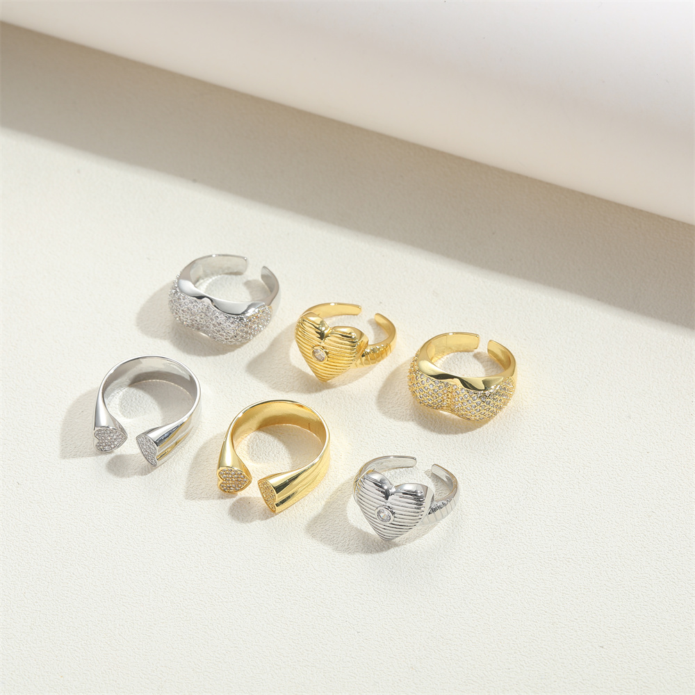 Copper 14K Gold Plated Basic Modern Style Classic Style Inlay Heart Shape Solid Color Zircon Open Rings display picture 9