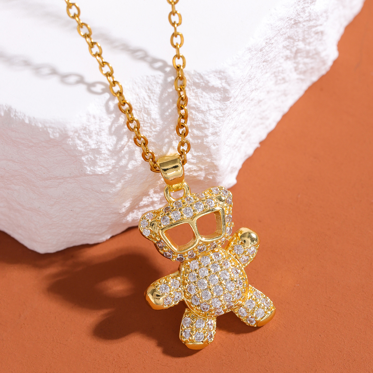 304 Stainless Steel 18K Gold Plated Cute Shiny Plating Inlay Little Bear Zircon Pendant Necklace display picture 12